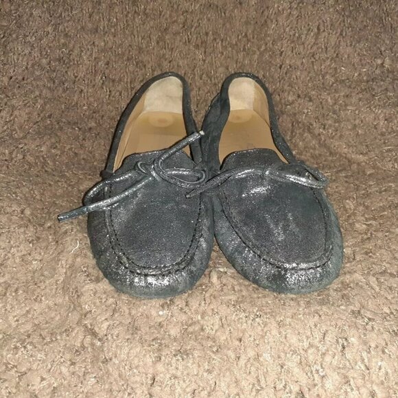 BOEMOS-Crackled/Distressed Silver/Black Suede Loafers-Bow-Driving-Sz39-Near Mint - Picture 3 of 7